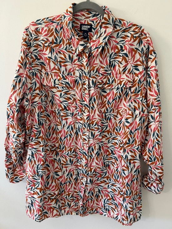 Lands' End Tops - Lands' End A Line Linen Tunic Women’s XL Floral Leaf Print Button Up Resort Wear